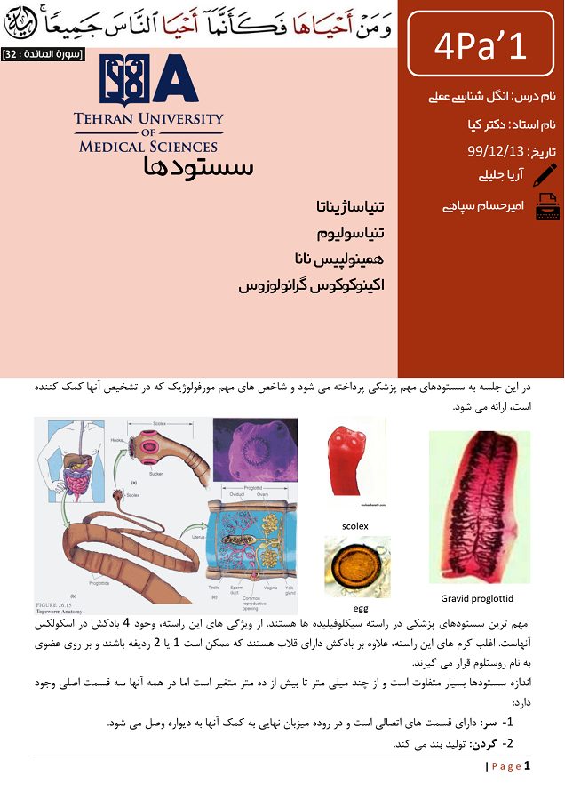 دانلود جزوه و نمونه سوال انگل شناسی عملی دانشگاه علوم پزشکی تهران