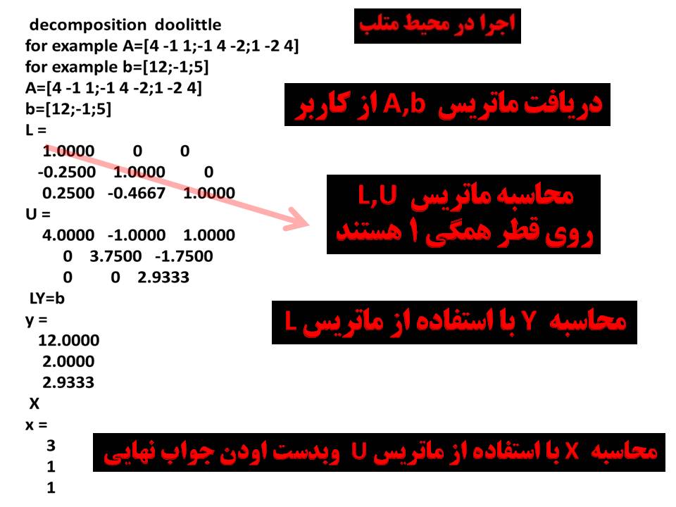 کد متلب برای تجزیه ماتریس  به L U به روش  Doolittle