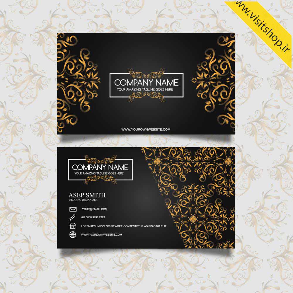 دانلود کارت ویزیت حرفه ای مشکی با حاشیه گل های طلایی