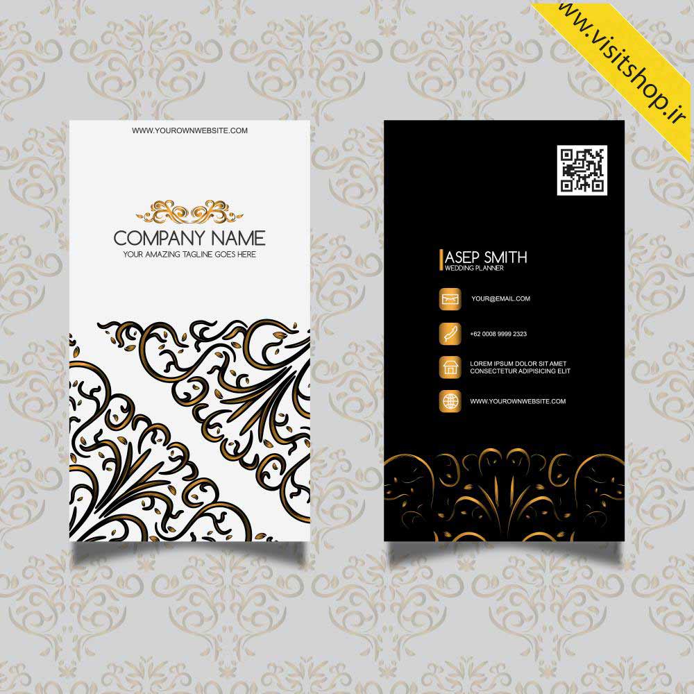 دانلود کارت ویزیت عمودی هنری اسلیمی مشکی طلایی