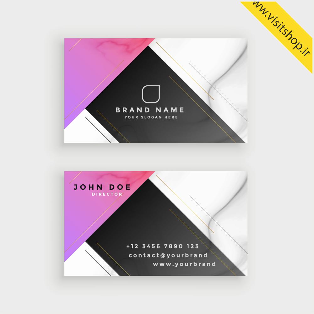 کارت ویزیت حرفه ای با طراحی زیبا بنفش مشکی سفید و خط های کج