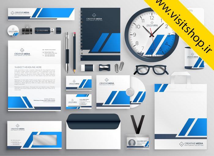 دانلود ست اداری سربرگ پاکت لیبل فولدر آبی طوسی سفید