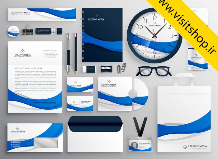 دانلود مجموعه کامل ست اداری آبی خاکستری سفید سربرگ کارت ویزیت فولدر ساعت