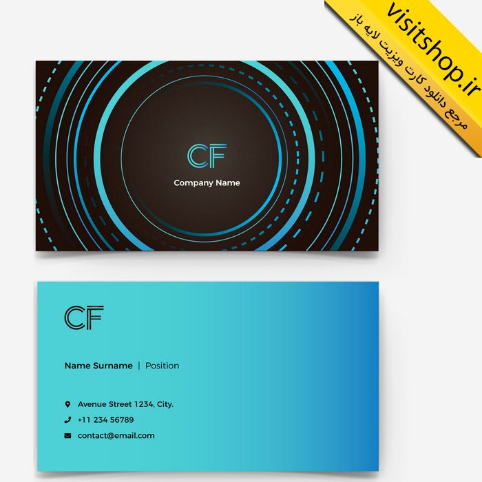 دانلود کارت ویزیت لایه باز حرفه ای مشکی آبی دایره ای عکاسی لنز جدید