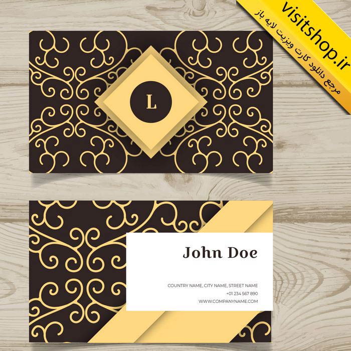 دانلود کارت ویزیت لایه باز حرفه ای طلایی مشکی سفید طرح گل زیبا زمینه اسلیمی و هنری جدید