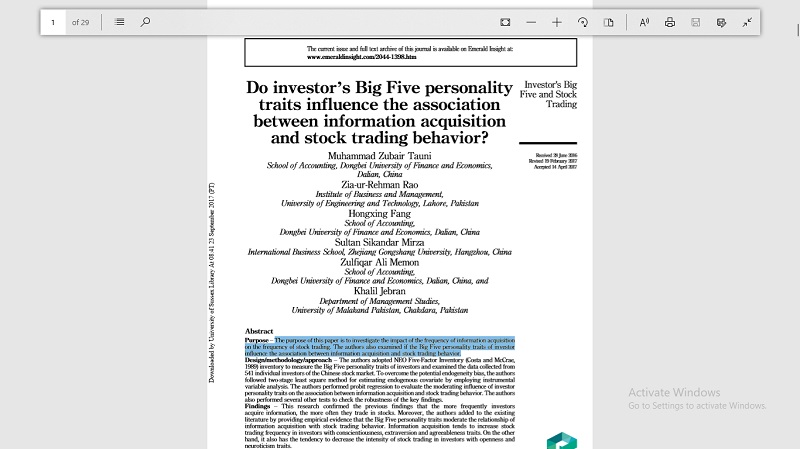 مالی رفتاری: آیا صفات شخصیت پنجگانه سرمایه گذار ارتباط بین کسب اطلاعات و رفتار تجاری سهام را تحت تأثیر قرار می دهد