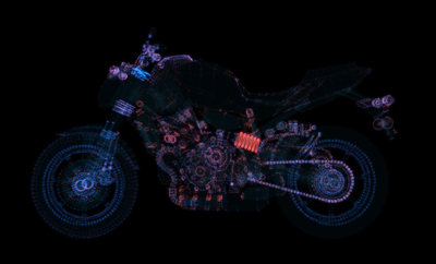 عکس موتورسیکلت انتزاعی متشکل از نقاط درخشش و خطوط با تصویر سه بعدی