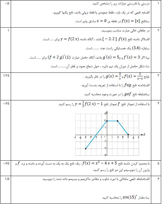 سوال درس ریاضی3 نمونه شماره 4  ویژه خرداد98