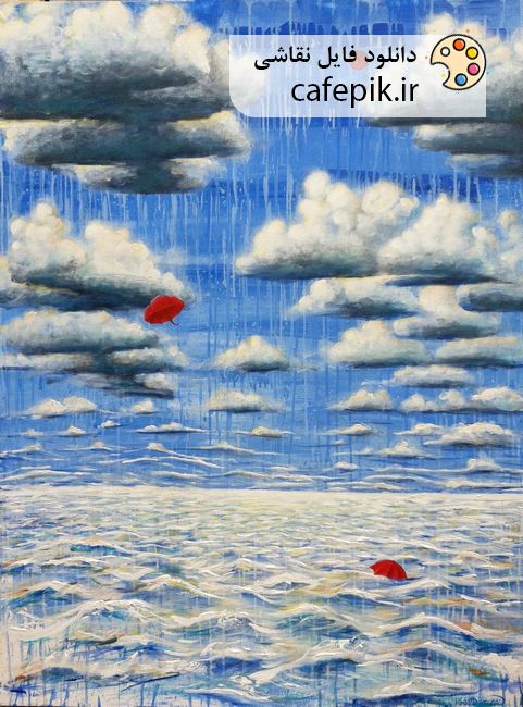 دانلود نقاشی مدرن شماره 68  آبستره دریا باران ابر چتر قرمز