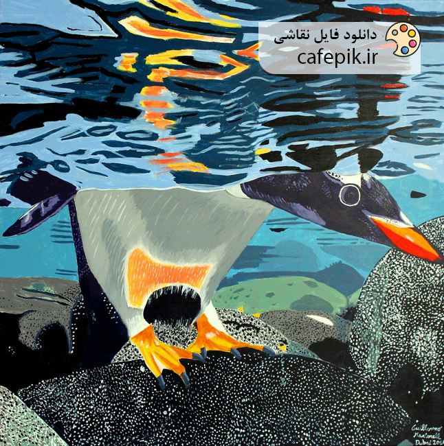 دانلود نقاشی مدرن شماره 86  آبستره دریا پنگوئن سنگ