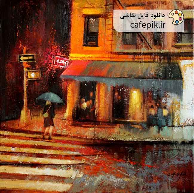 دانلود نقاشی مدرن شماره 156  خیابان باران زن زیر چتر شب