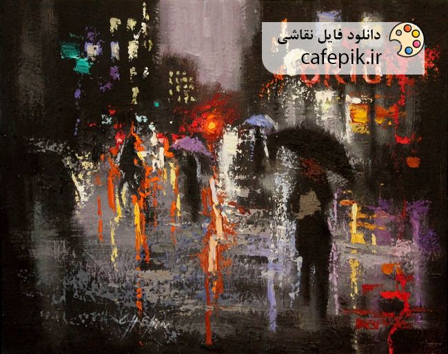 دانلود نقاشی مدرن شماره 165  شب بارانی زیر چتر عشق