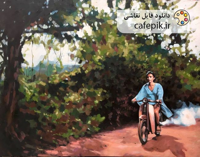 دانلود نقاشی مدرن شماره 420  دختر موتور سوار درخت باغ