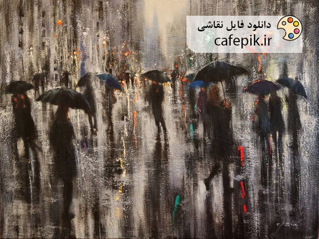 دانلود تابلو نقاشی مدرن شماره 947  باران چتر شب خیس
