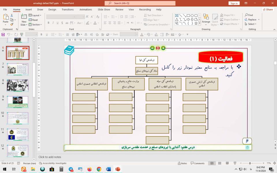 پاورپوینت درس 7 آمادگی دفاعی پایه دهم (دروس مشترک): آشنایی با نیروهای مسلح و خدمت مقدس سربازی  (ویرایش 1403)