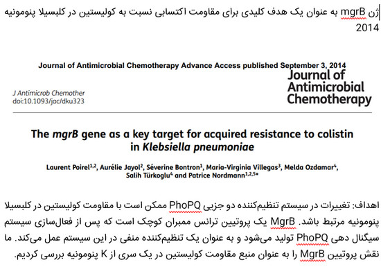 ژن mgrB به عنوان یک هدف کلیدی برای مقاومت اکتسابی نسبت به کولیستین در کلبسیلا پنومونیه