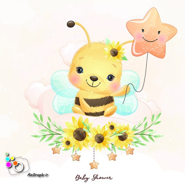 وکتور کارتونی زنبور عسل با ستاره و گل و آفتابگردون-کد 44