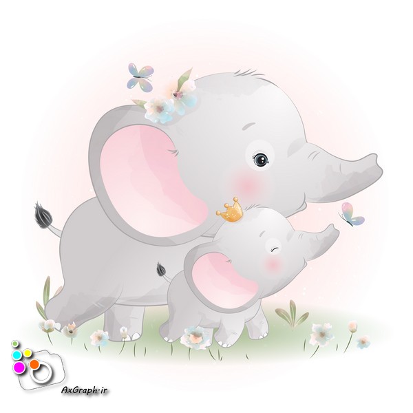وکتور کارتونی فیل مادر و بچه تاجدار-کد 60