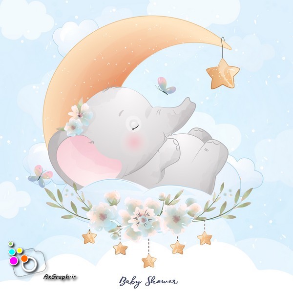 وکتور کودکانه فیل خوابیده روی ماه با ستاره-کد 62