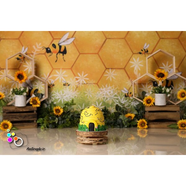 بک دراپ تولد تم زنبور عسل و گل آفتابگردون-کد 722