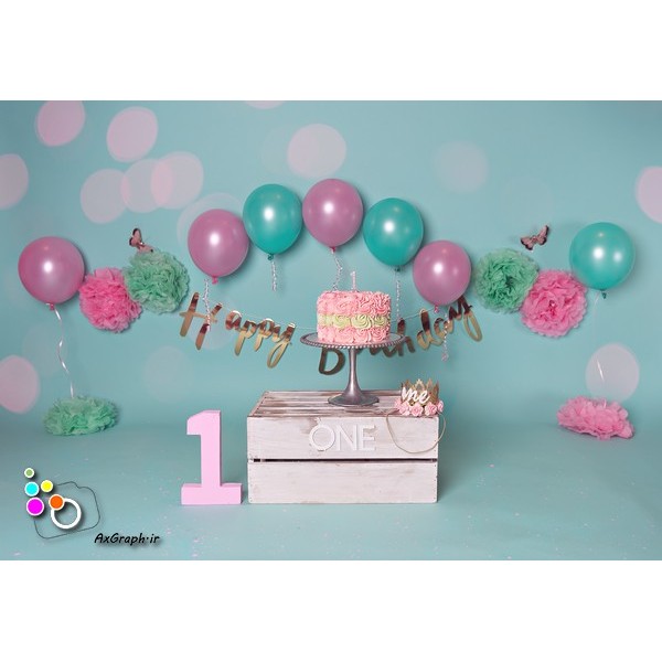 بک دراپ تولد تم سبز و صورتی-کد 843