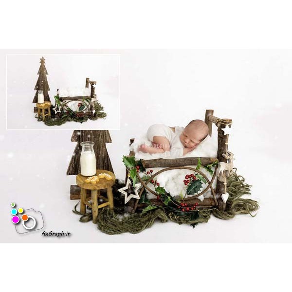 بک دراپ نوزاد تخت خواب و کاج چوبی و شیشه شیر-کد 902