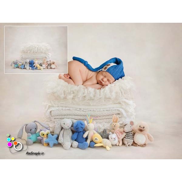 بک دراپ نوزاد تخت خواب و عروسک-کد 916