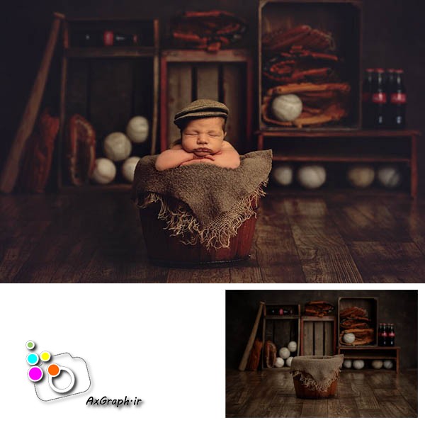 بک دراپ نوزاد سطل چوبی و دکور بیسبال-کد 2098