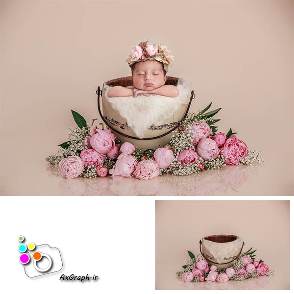 بک دراپ نوزاد سطل چوبی گل آرایی-کد 2107