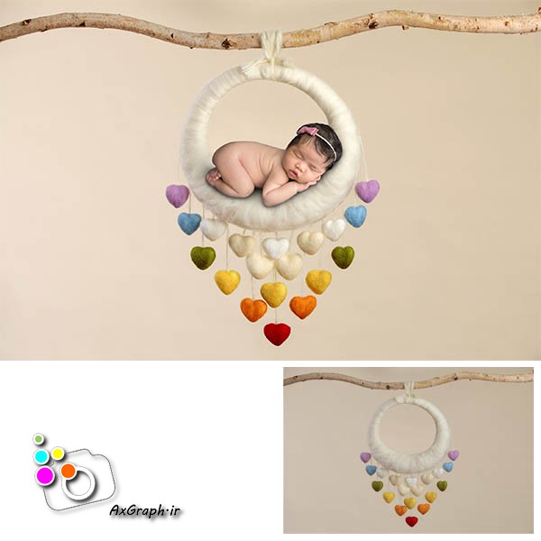 بک دراپ نوزاد تاب حلقه ای آویز از شاخه درخت با قلب های رنگی-کد 2116
