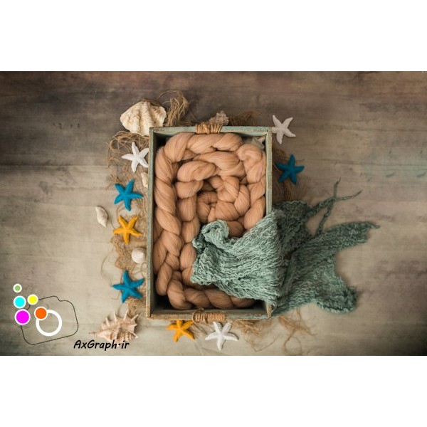 بک دراپ نوزاد جعبه چوبی و ستاره های دریایی و صدف-کد 2226