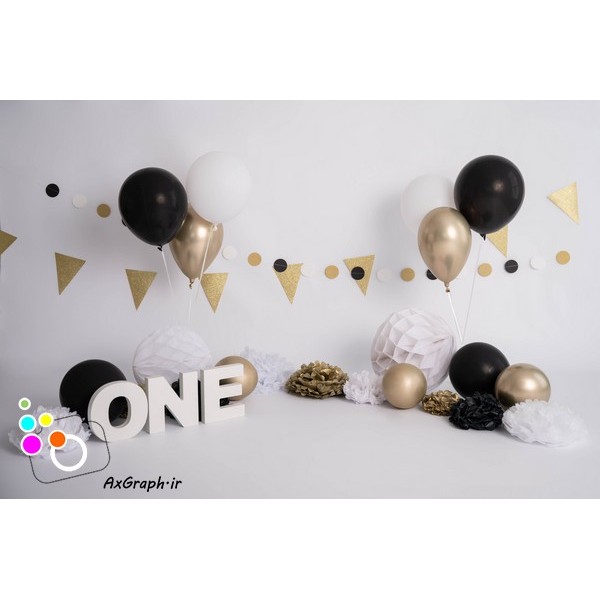 بک دراپ تولد تم سیاه و سپید و طلایی-کد 2339