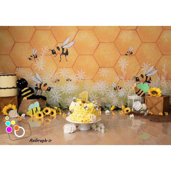 دانلود بک دراپ تولد تم زنبور عسل و گل آفتابگردون-کد 3122