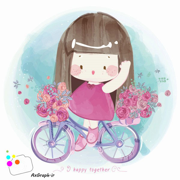 وکتور کودکانه دختر دوچرخه سوار با دسته گل رز-کد 3218