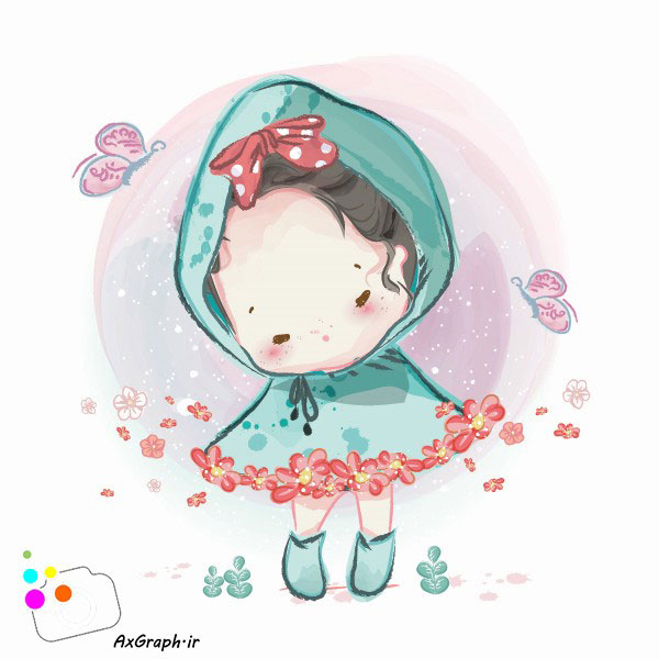 وکتور کودکانه دختری با شنل سبزآبی-کد 3224