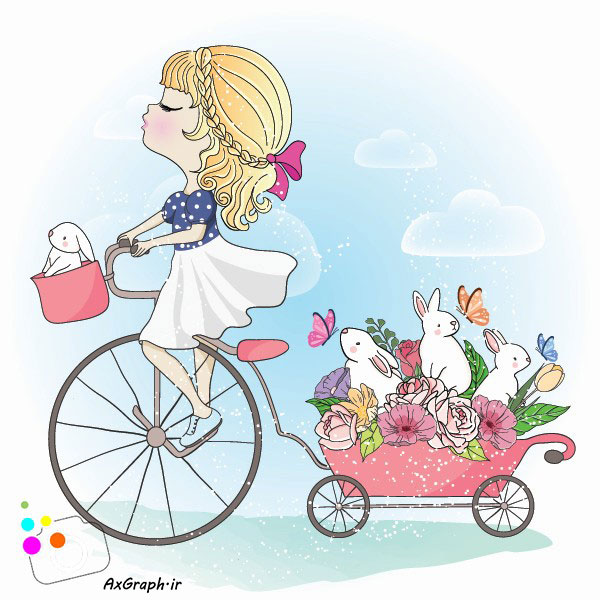 وکتور کودکانه دختر دوچرخه سوار و سبد خرگوش-کد 3233