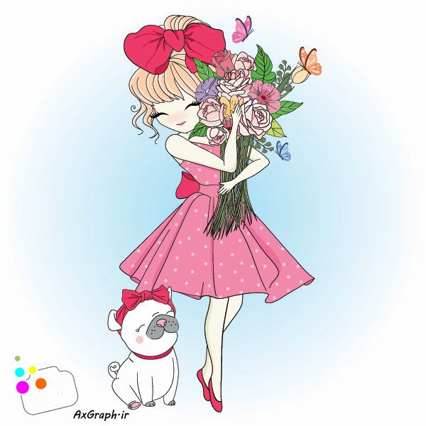 وکتور کودکانه دختر با دسته گل رز و سگ سپید-کد 3237