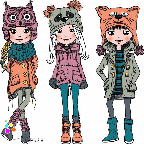 وکتور کارتونی دختران با تیپ زمستانی -کد 3304