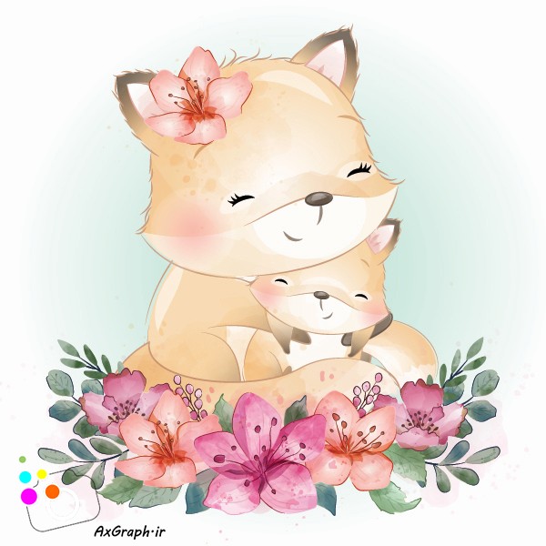 وکتور کودکانه روباه مادر و بچه و گلهای لیلیوم-کد 3335