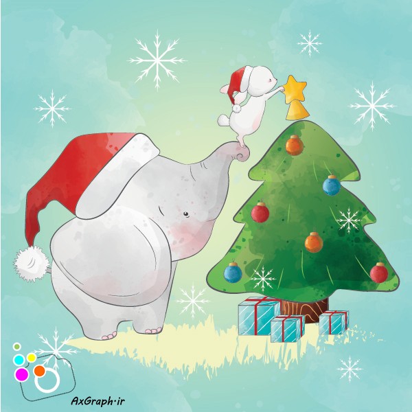 وکتور کودکانه فیل و خرگوش و درخت کریسمس-کد 3358