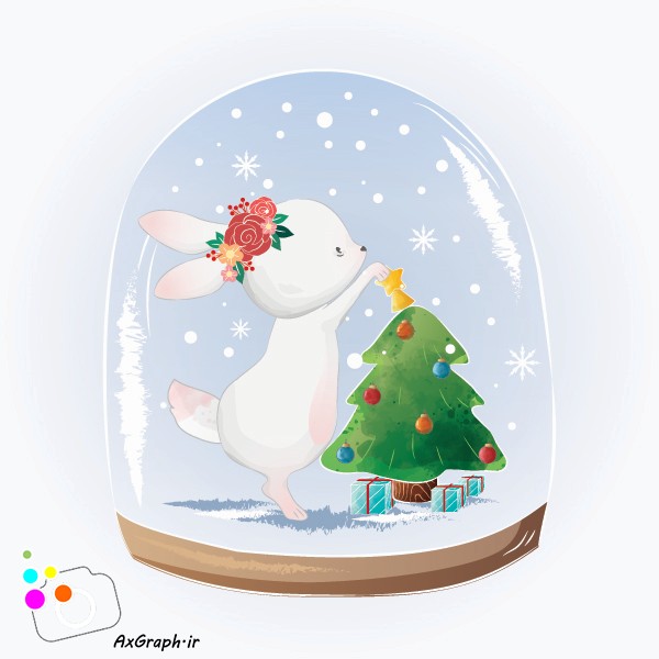 وکتور کودکانه خرگوش و درخت کریسمس در حباب شیشه ای-کد 3371