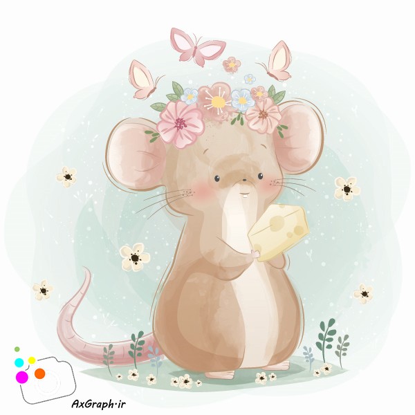 وکتور کودکانه موش پنیر به دست با گل و پروانه-کد 3391