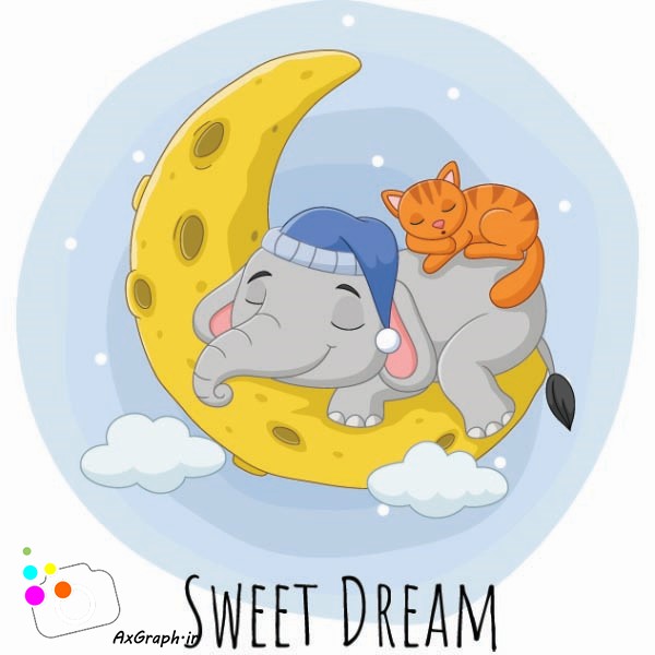 وکتور کارتونی رویایی شیرین فیل و گربه روی ماه -کد 3417