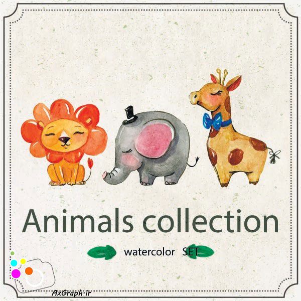 وکتور کودکانه مجموعه حیوانات آبرنگی -کد 3422