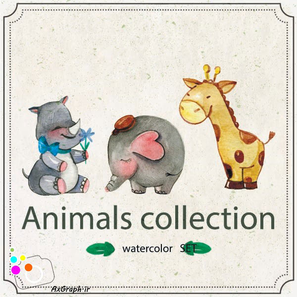 وکتور کودکانه مجموعه حیوانات آبرنگی -کد 3428