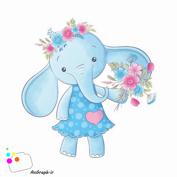 وکتور کودکانه فیل پیراهن آبی دسته گل به دست-کد 3435