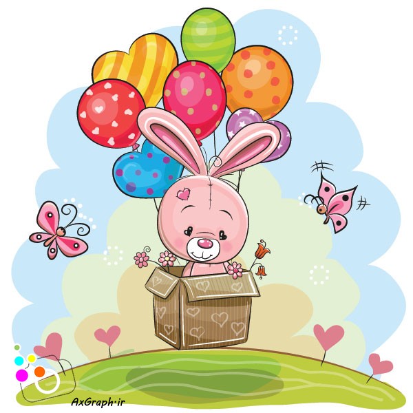 وکتور کارتونی خرگوش صورتی در جعبه با بادکنک -کد 3517