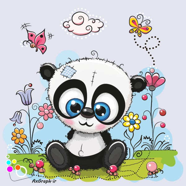 وکتور کارتونی پاندا در با گلهای بهاری-کد 3610