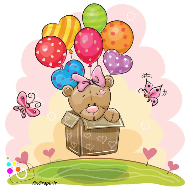 وکتور کارتونی خرسی خانوم در جعبه با بادکنک-کد 3633