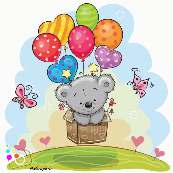 وکتور کارتونی خرس خاکستری در جعبه با بادکنک-کد 3634